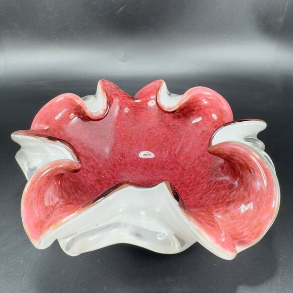 Venetian Murano Glass Folded Edges Ashtray Dish Bowl White Magenta Center Italy - Picture 11 of 16